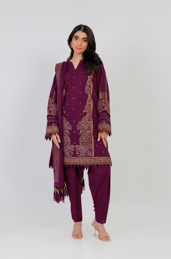 3 Pc Embroidered Khaddar Suit With Shawl