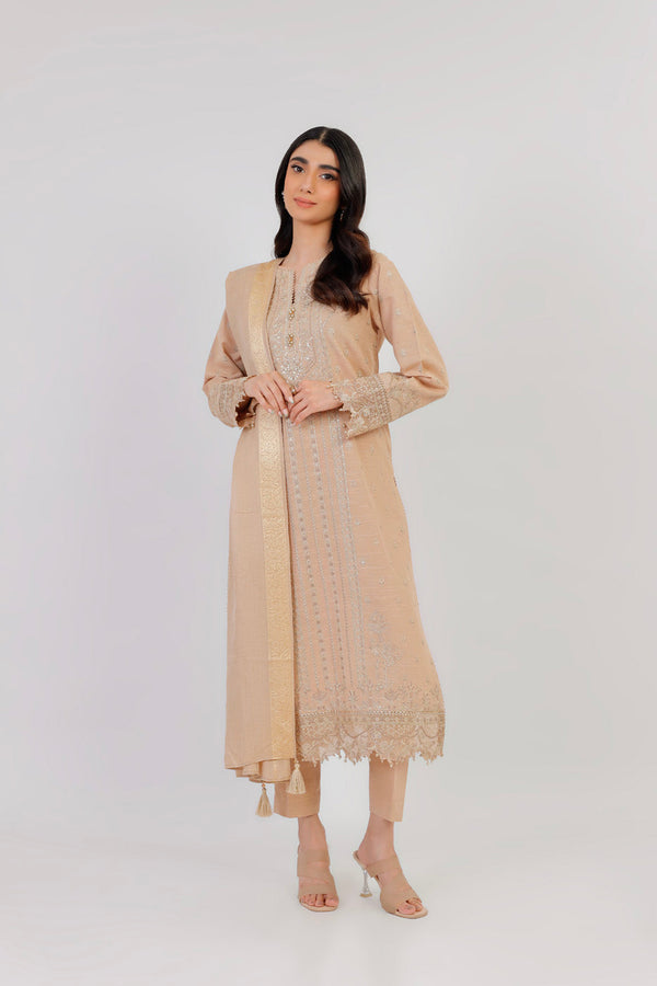 3 Pc Embroidered Khaddar Suit With Shawl