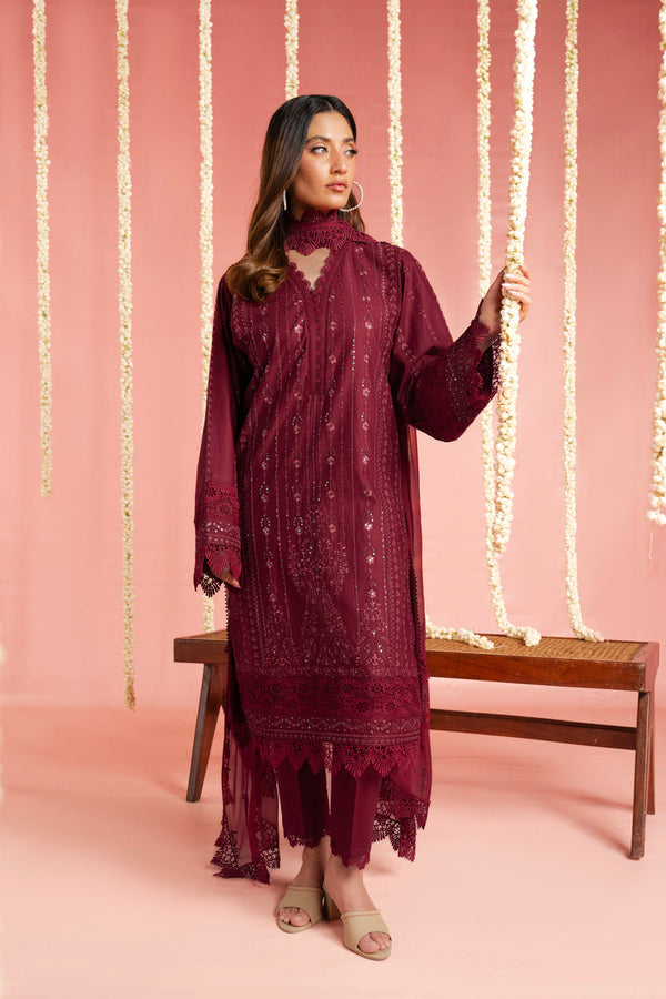 3 Pc Embroidered Dyed Lawn Suit With Embroidered Dyed Chiffon Dupatta