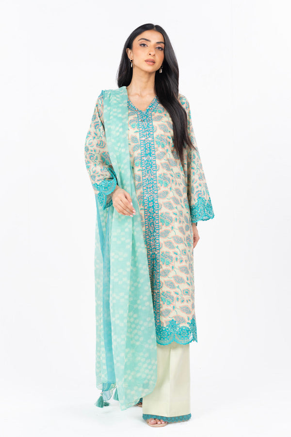 3 Pc Printed Embroidered Cambric Suit With Printed Poly Chiffon Dupatta