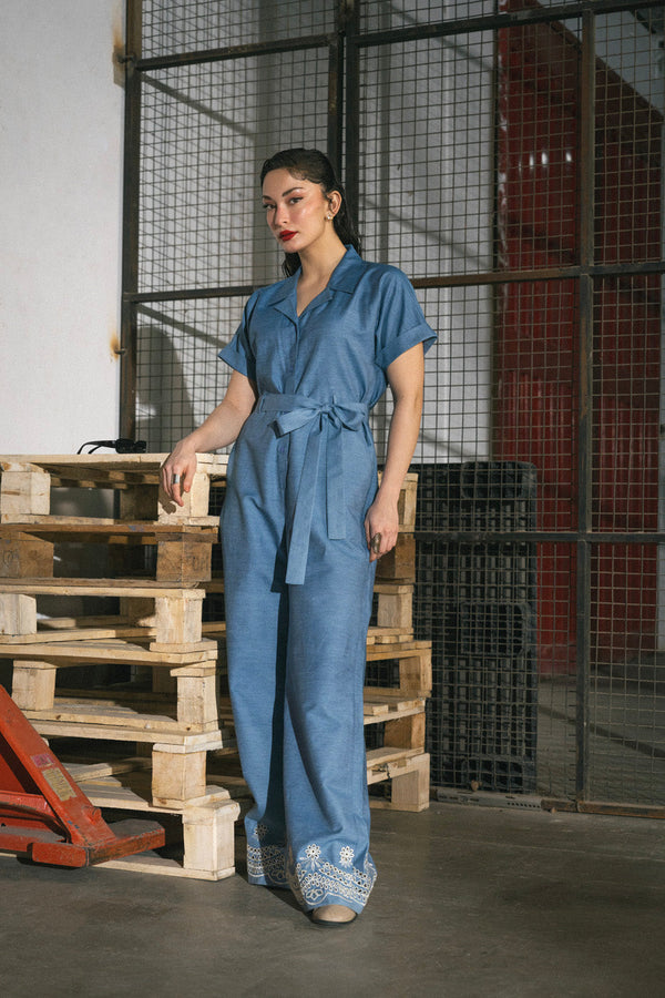 Stitched - Embroidered Denim Jumpsuit