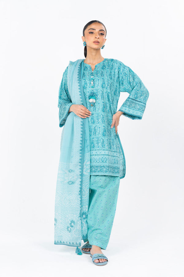 3 Pc Printed Dobby Lawn Suit With printed Tissue Silk Dupatta