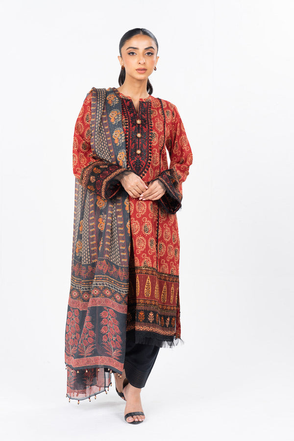 3 Pc Printed Embroidered Dobby Lawn Suit With Printed Dupatta