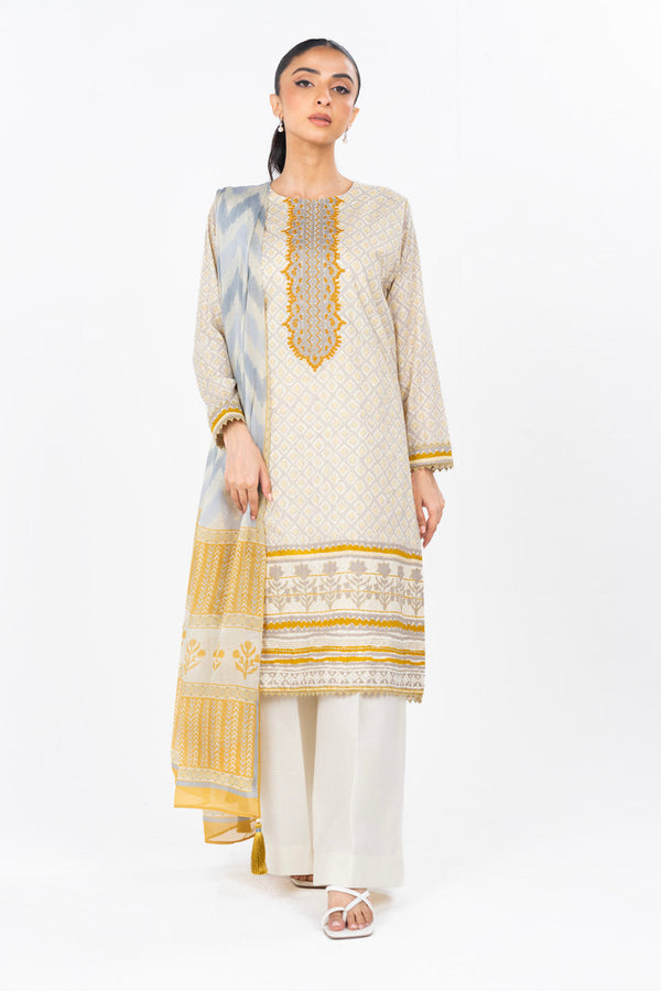 3 Pc Printed Embroidered Dobby Lawn Suit With Printed Dupatta