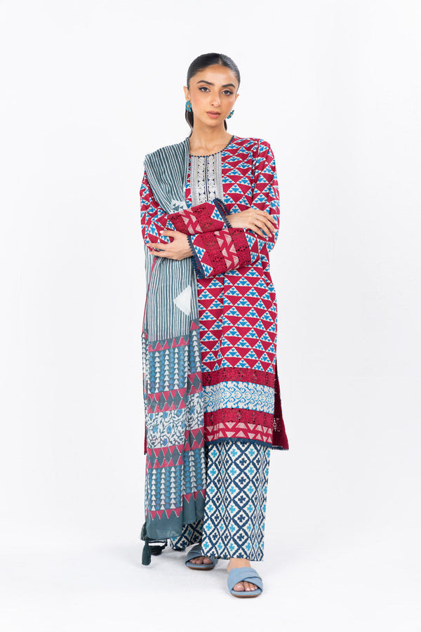 3 Pc Printed Embroidered Cambric Suit With Printed Tissue Dupatta