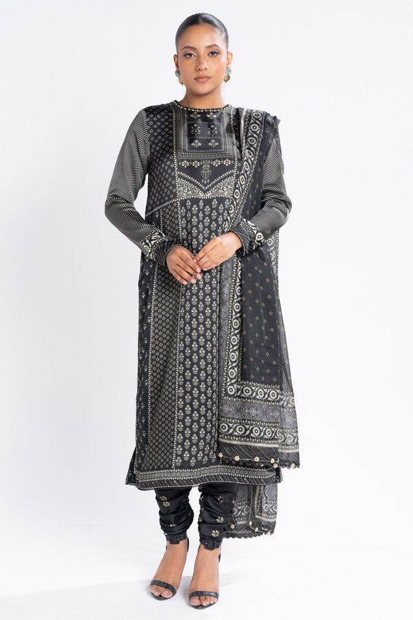 3 Piece Printed Chamois Silk Suit With Printed Tissue Silk Dupatta