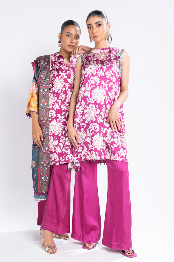 3 Piece Printed Chamois Silk Suit With Printed Tissue Silk Dupatta