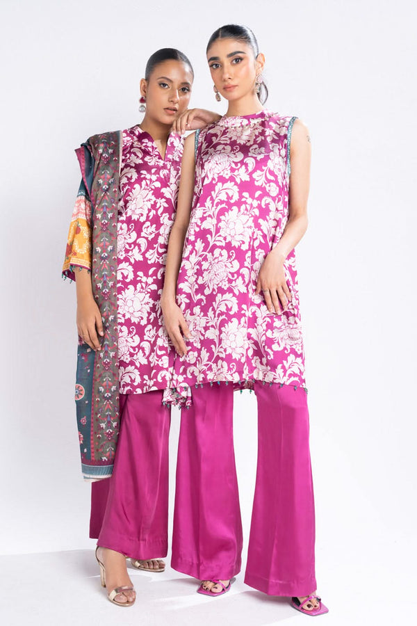 3 Piece Printed Chamois Silk Suit With Printed Tissue Silk Dupatta