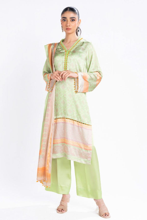 3 Piece Printed Chamois Silk Suit With Printed Tissue Silk Dupatta