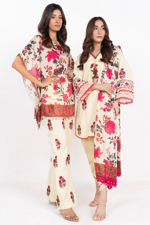 3 Piece  Embroidered Dyed Lawn Suit With Printed Silk Dupatta