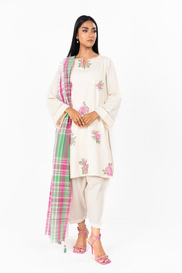 3 Pc Dyed Embroidered Dobby Suit With  Yarn Dyed Dupatta