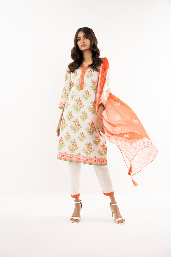 3 Pc Printed Lawn Suit With Chiffon Dupatta