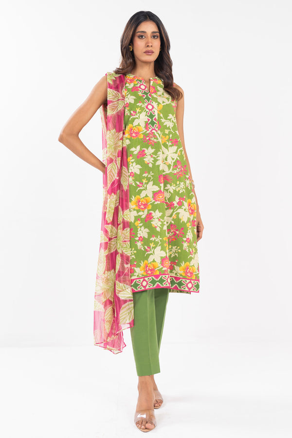 3 Piece  Printed Lawn Suit With Printed Chiffon Dupatta