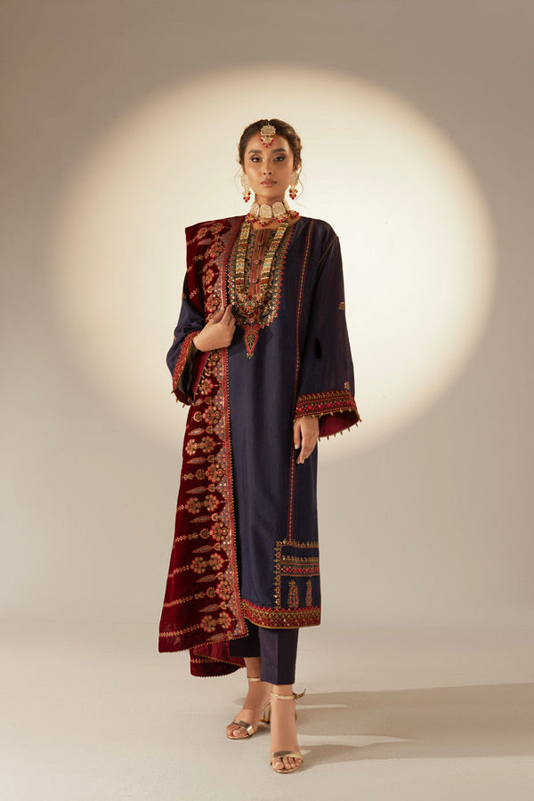 3 Piece Embroidered Dyed PK Raw Silk Shirt with Dyed Velvet Dupatta