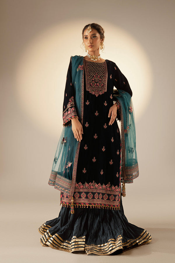 3 Piece Embroidered Dyed Velvet Shirt with Dyed Polynet Dupatta