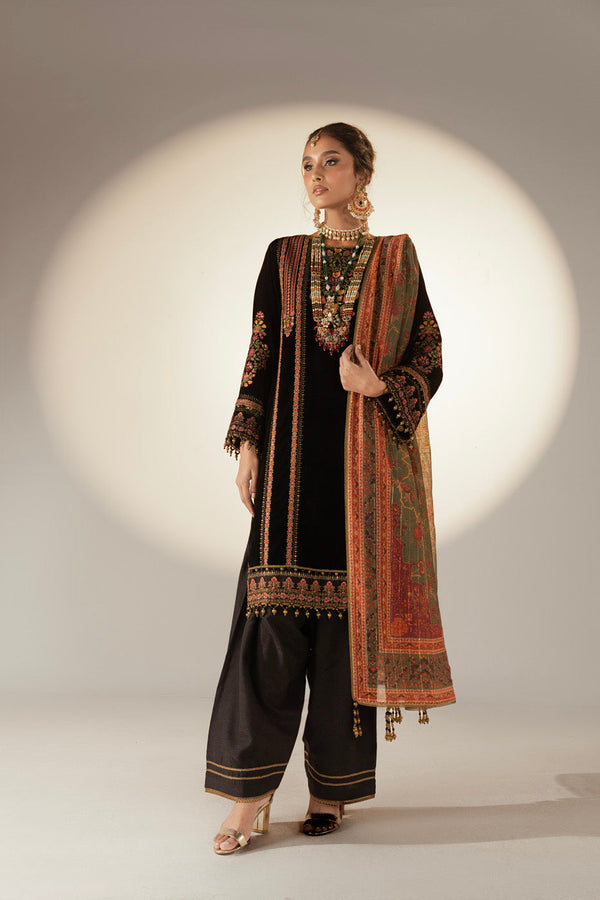 3 Piece Embroidered Dyed Velvet Shirt with Printed Fancy Gold Line Silk Dupatta