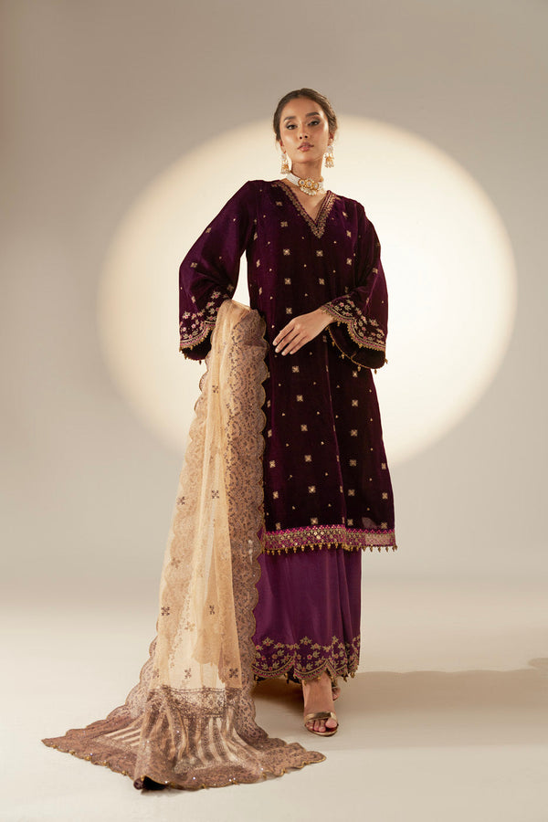 3 Piece Embroidered Dyed Velvet Shirt with Glitter Printed Maysuri Net Dupatta