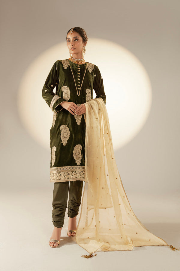 3 Piece Embroidered Dyed Velvet Shirt with Embroidered Mesuri Silk Dupatta