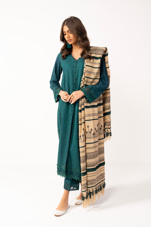 3 Pc Embroidered Viscose Suit With Woven Shawl