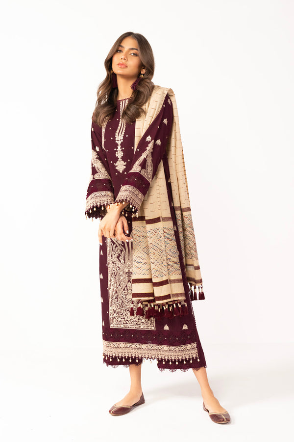 3 Pc Embroidered Dobby Suit With Woven Shawl