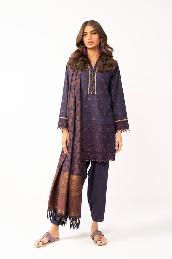 3 Pc Embroidered Khaddar Suit With Woven Shawl