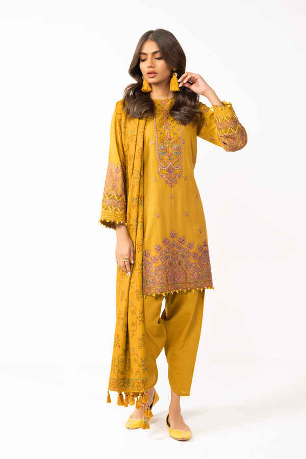 3 Pc Embroidered Khaddar Suit With Shawl
