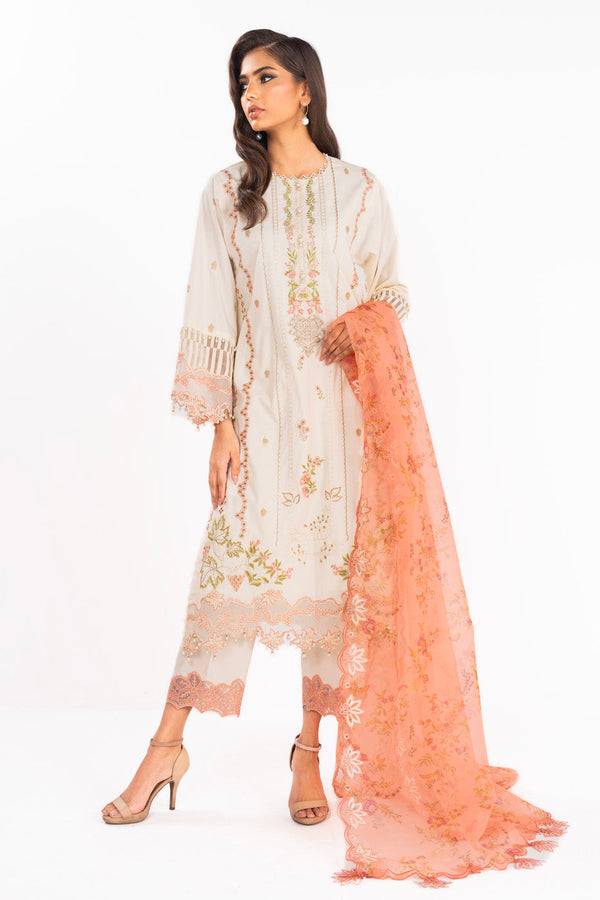 3 Pc Embroidered Lawn Suit With Organza Dupatta