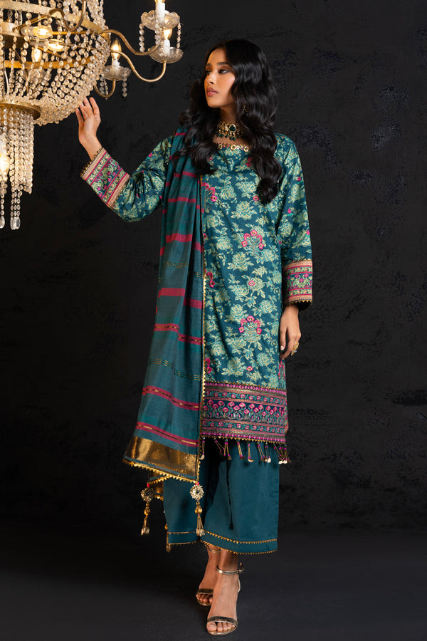 3 Pc Embroidered Two Way Slub Suit With Yarn Dyed Dupatta