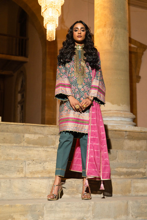3 Pc Embroidered Dobby Lawn Suit With Fancy Dupatta