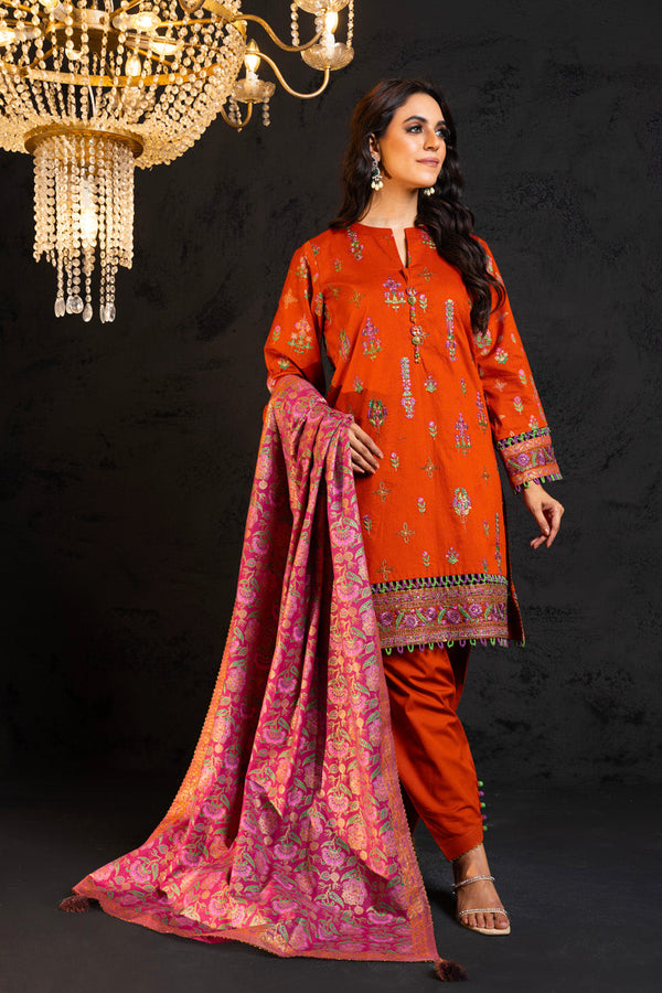 3 Pc Embroidered Dobby Lawn Suit With Cotton Silk Dupatta