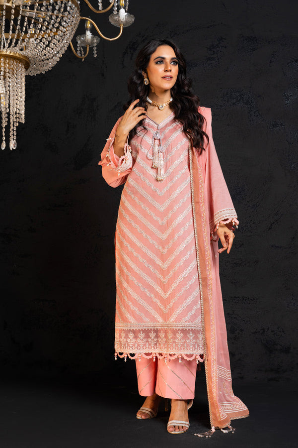 3 Pc Embroidered Lawn Suit With Chiffon Dupatta