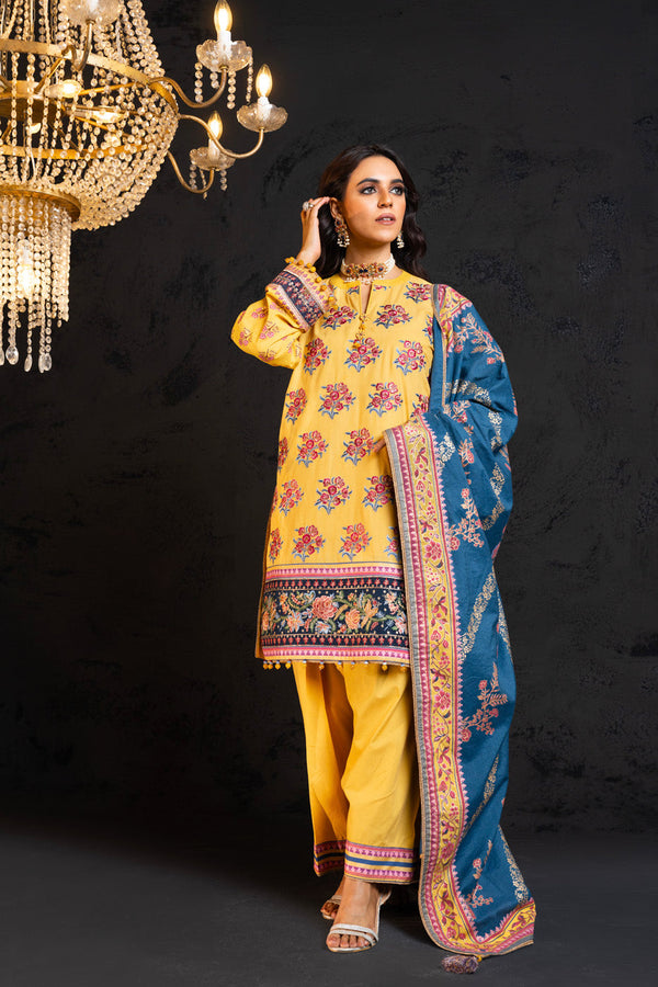 3 Pc Embroidered Cambric Suit With Cotton Silk Dupatta