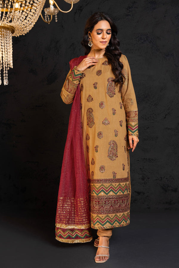 3 Pc Embroidered Zari Lawn Suit With Fancy Dupatta