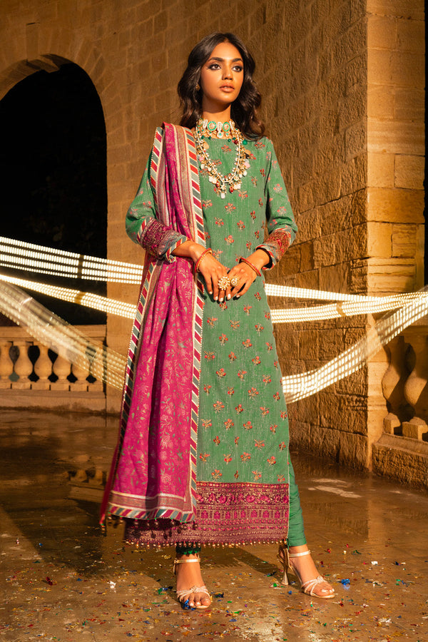 3 Pc Embroidered Zari Lawn Suit With Cotton Silk Dupatta