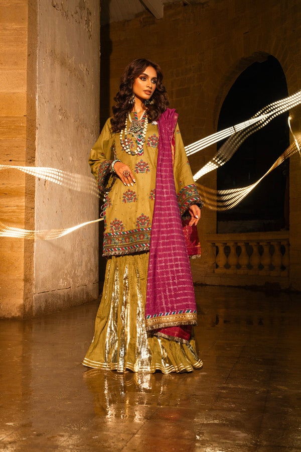2 Pc Embroidered Cotton Satin Suit With Fancy Dupatta