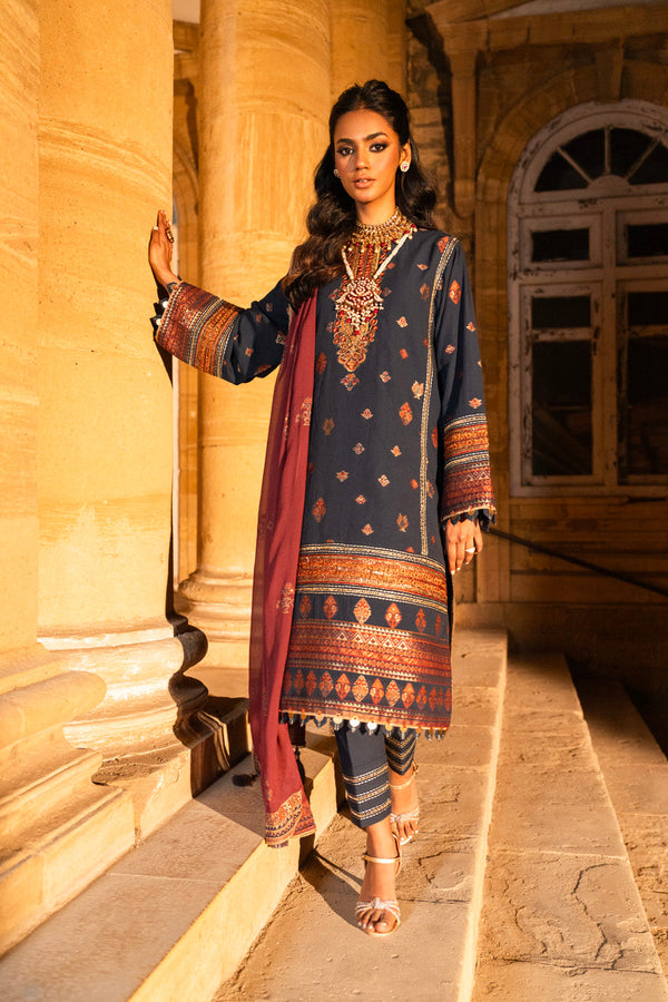 3 Pc Embroidered Jacquard Suit With Chiffon Dupatta