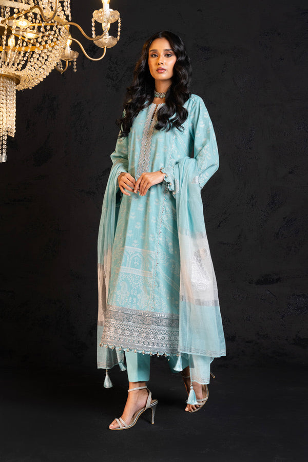 3 Pc Embroidered Two Way Slub Suit With Yarn Dyed Dupatta