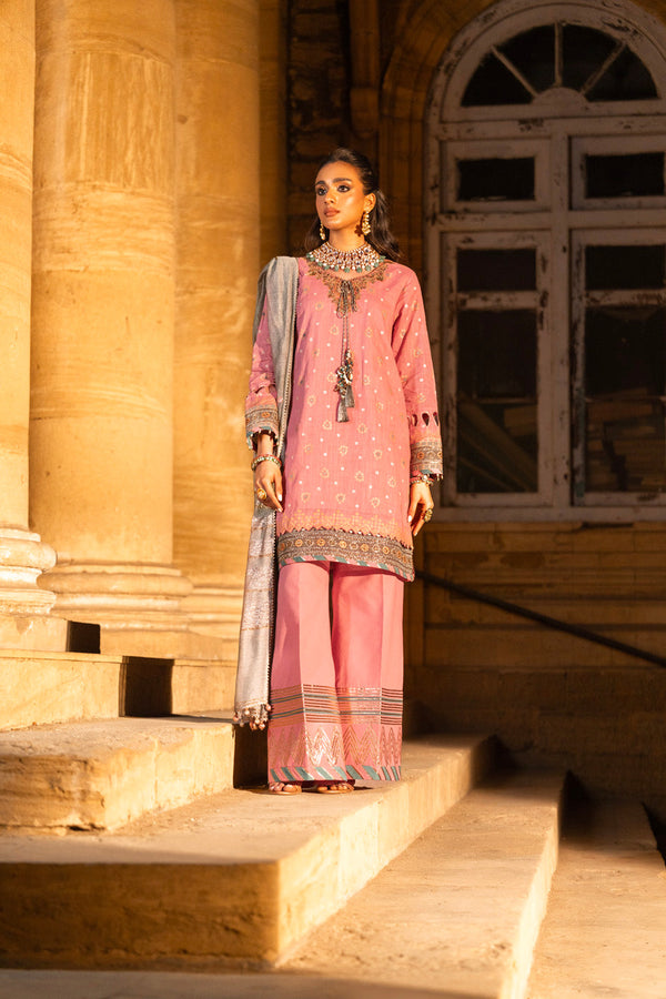 3 Pc Embroidered Two Way Slub Suit With Yarn Dyed Dupatta