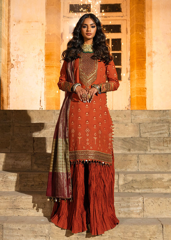 3 Pc Embroidered Two Way Slub Suit With Yarn Dyed Dupatta