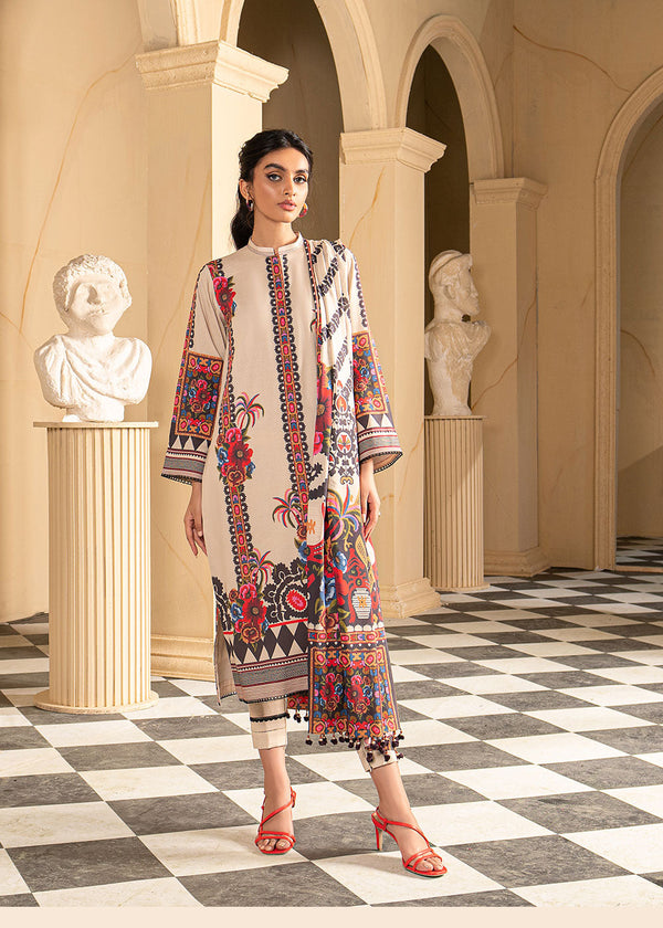 3 Pc Printed Karandi Suit With Karandi Dupatta