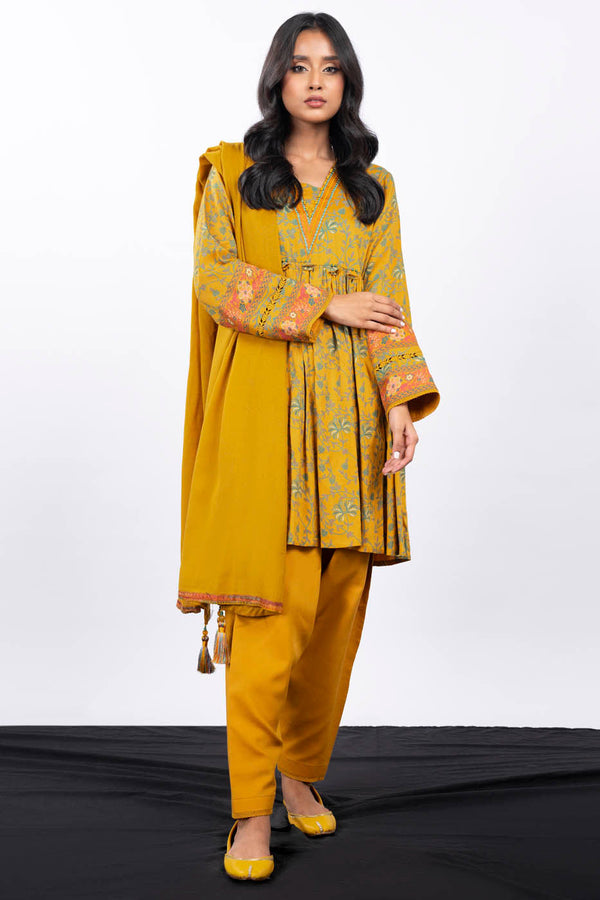 3 Pc Embroidered Twill Viscose Suit With Shawl
