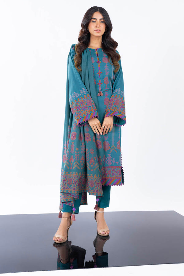 3 Pc Printed Viscose Suit With Jacquard Shawl