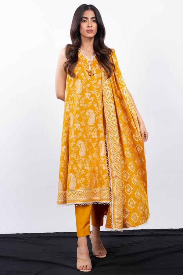 3 Pc Printed Chambre Suit With Chambre Dupatta