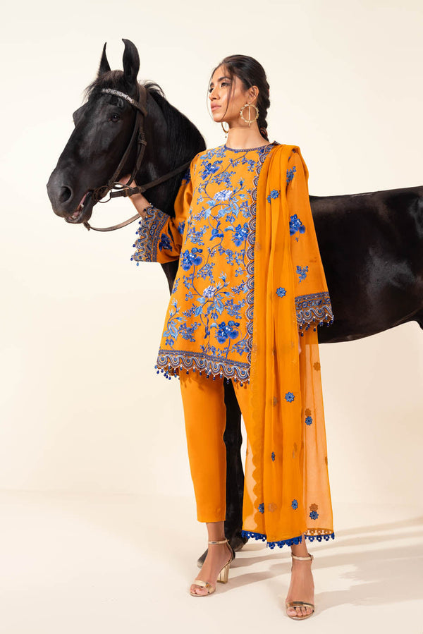 Three Piece Embroidered Khaddar Suit With Bamber Dupatta