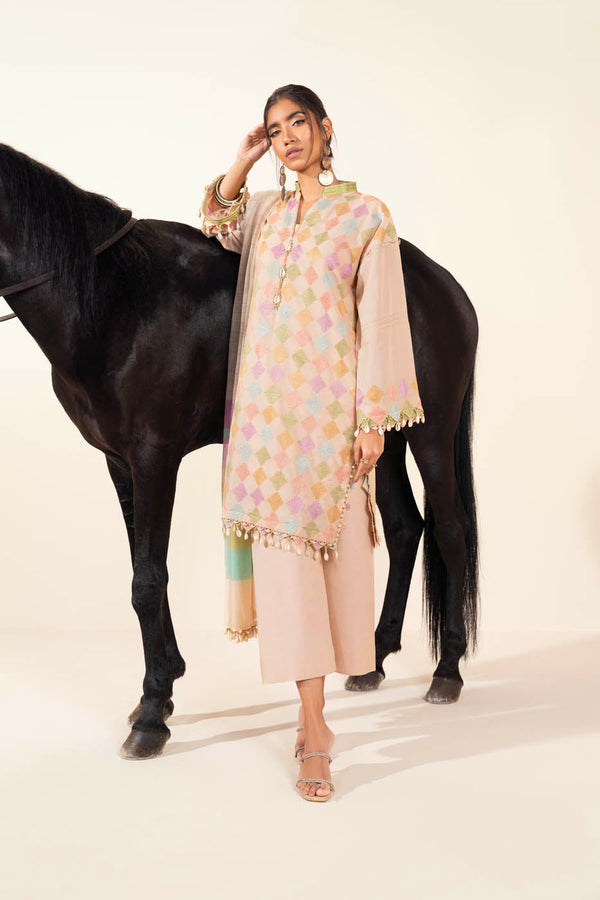 Three Piece Embroidered Karandi Suit With Yarn Dyed Dupatta