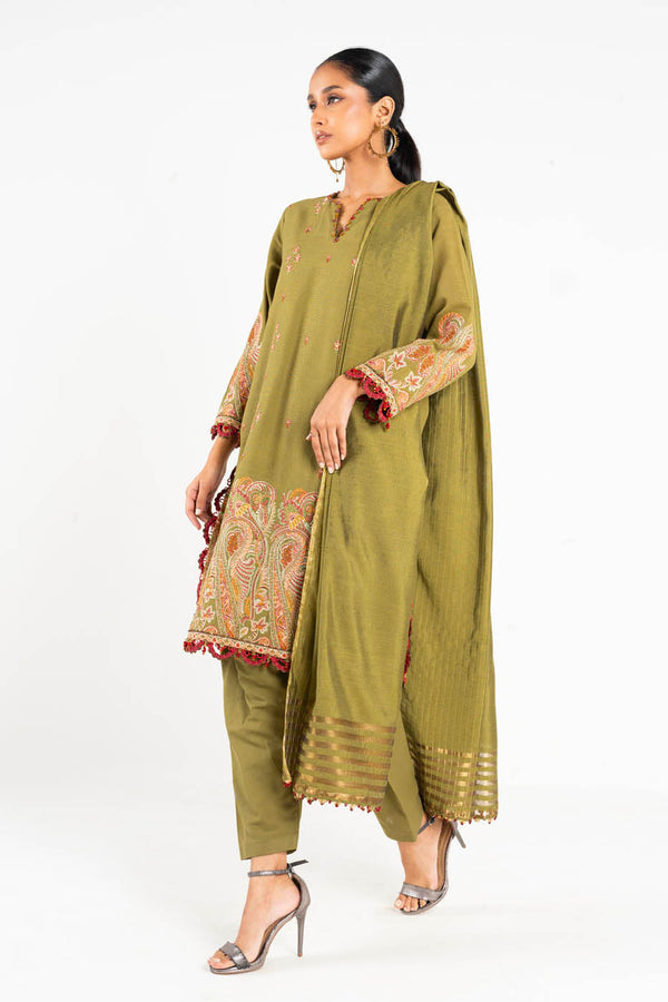 Three Piece Embroidered Khaddar Suit With Yarn Dyed Dupatta