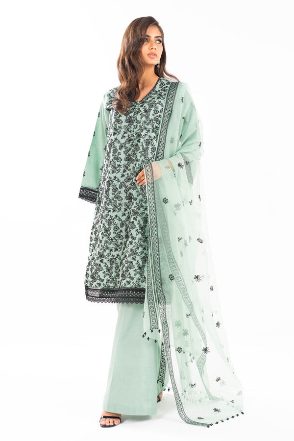 3 Pc Embroidered Lawn Suit With Organza Dupatta