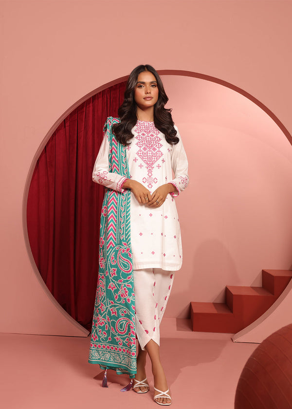 3 Pc Embroidered Cambric Suit With Broshia Net Dupatta