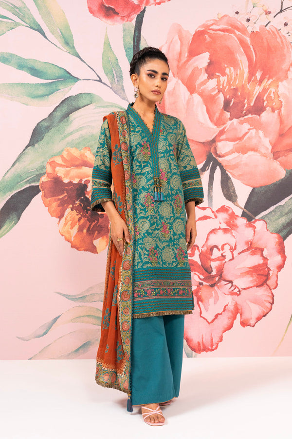 3 Pc Embroidered Thick Lawn Suit With Chiffon Dupatta