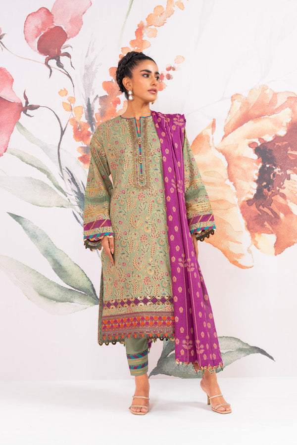 3 Pc Embroidered Two Way Slub Suit With Silver Lawn Dupatta